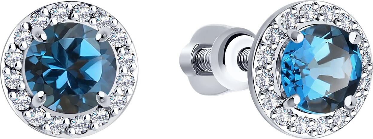 SOKOLOV 727996-3 Women's Stud Earrings in 585 White Gold with London Blue Topaz and Cubic Zirconia, Rhodium Plated, 1.58g, 8x5x8 mm