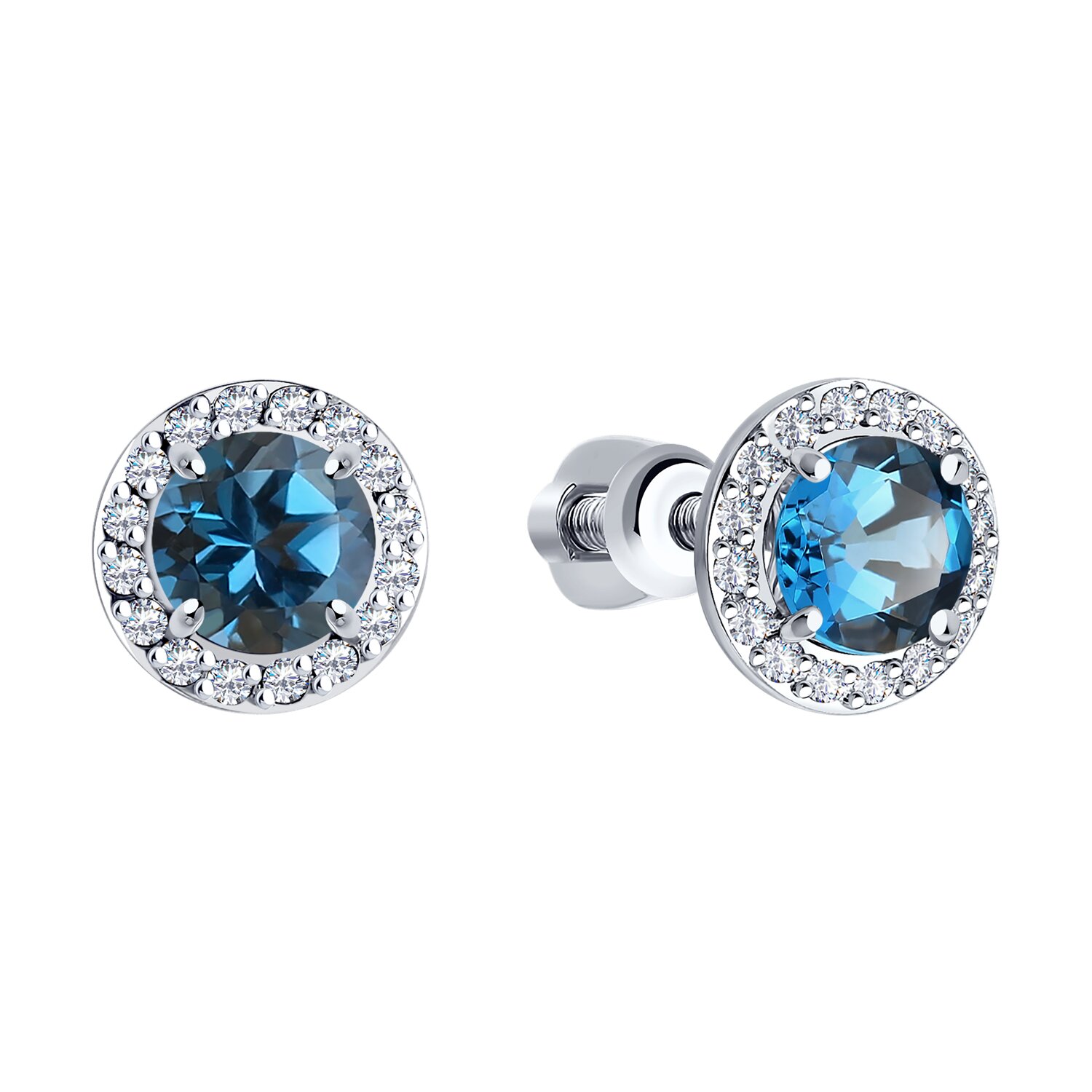 SOKOLOV 727996-3 Women's Stud Earrings in 585 White Gold with London Blue Topaz and Cubic Zirconia, Rhodium Plated, 1.58g, 8x5x8 mm