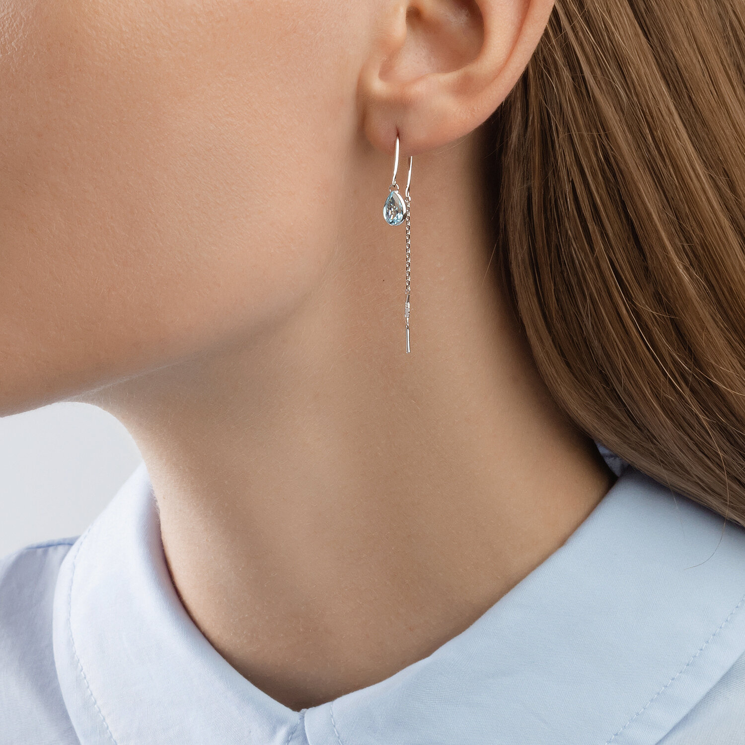 SOKOLOV 727513-3 Women's Drop Earrings in 585 White Gold with Blue Topaz Pear Cut Stones 7x5mm and Chain Design, French Hook Lock