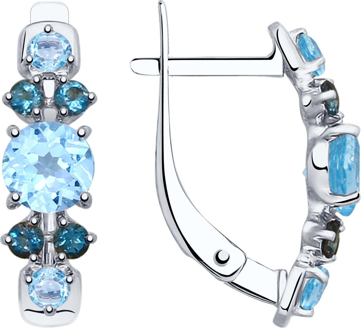 SOKOLOV 727513-3 Women's Drop Earrings in 585 White Gold with Blue Topaz Pear Cut Stones 7x5mm and Chain Design, French Hook Lock