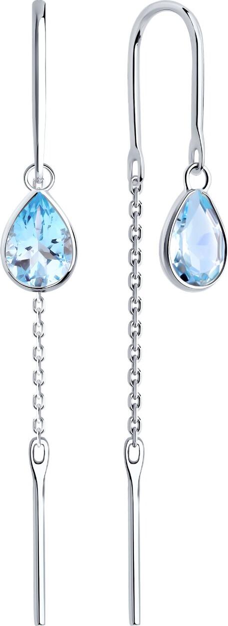 SOKOLOV 727513-3 Women's Drop Earrings in 585 White Gold with Blue Topaz Pear Cut Stones 7x5mm and Chain Design, French Hook Lock