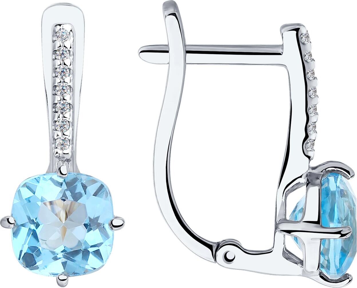 SOKOLOV 727513-3 Women's Drop Earrings in 585 White Gold with Blue Topaz Pear Cut Stones 7x5mm and Chain Design, French Hook Lock