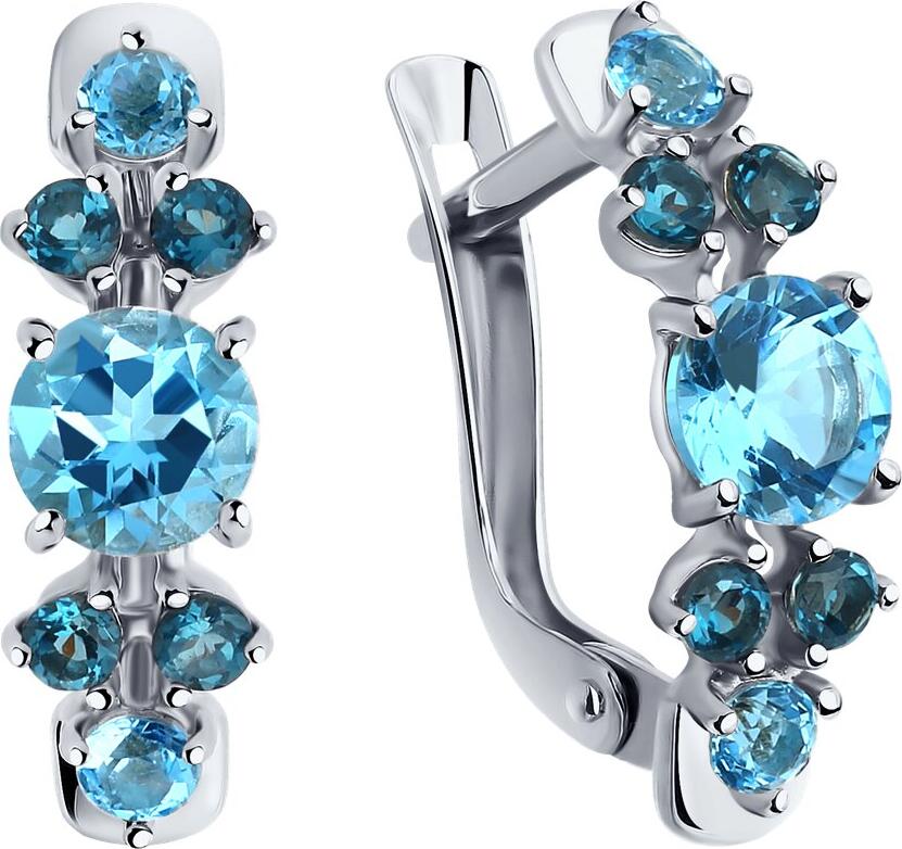 SOKOLOV 727513-3 Women's Drop Earrings in 585 White Gold with Blue Topaz Pear Cut Stones 7x5mm and Chain Design, French Hook Lock