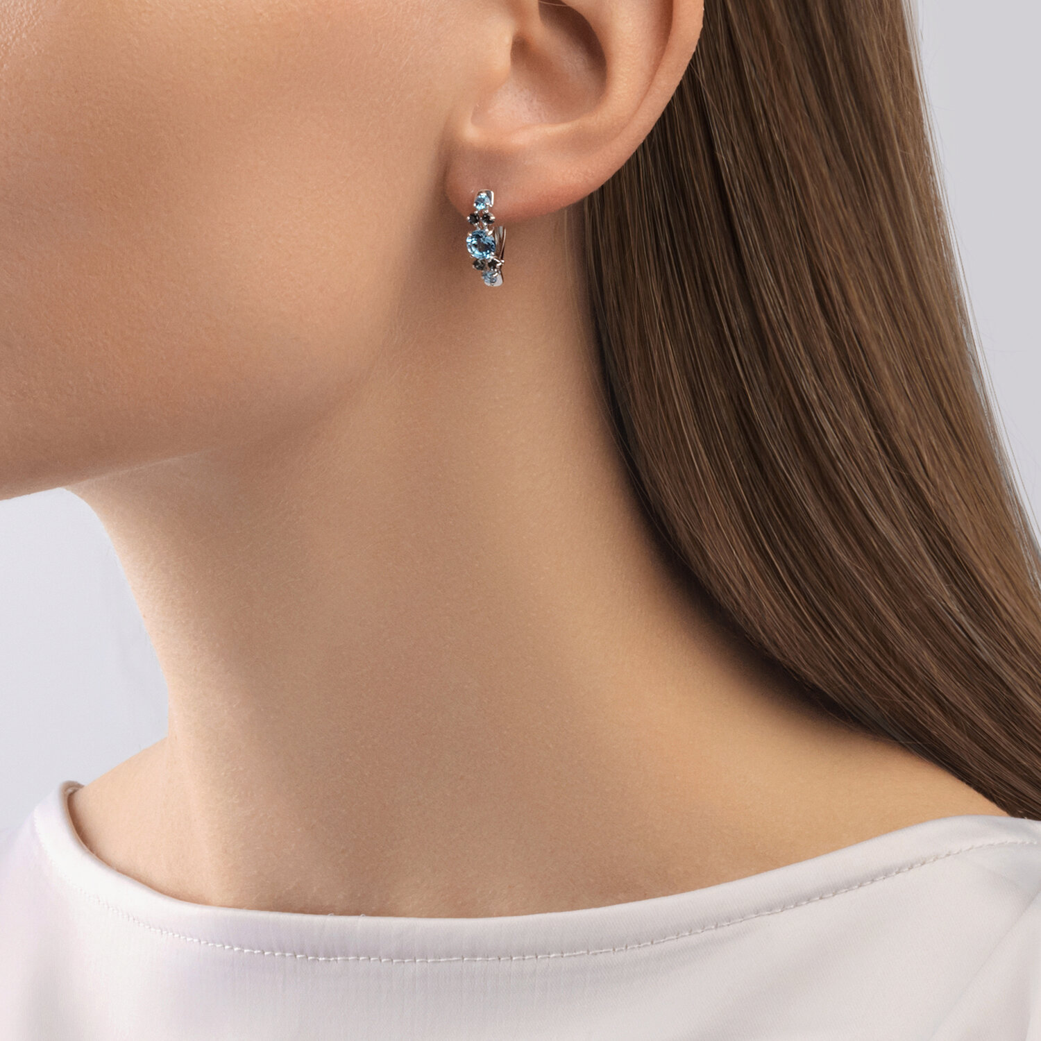SOKOLOV 727513-3 Women's Drop Earrings in 585 White Gold with Blue Topaz Pear Cut Stones 7x5mm and Chain Design, French Hook Lock