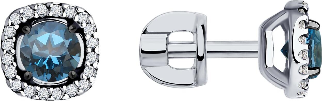 SOKOLOV 724122-3 Women's Stud Earrings in 585 White Gold with London Topaz and Cubic Zirconia, Rhodium Plated, 1.89g