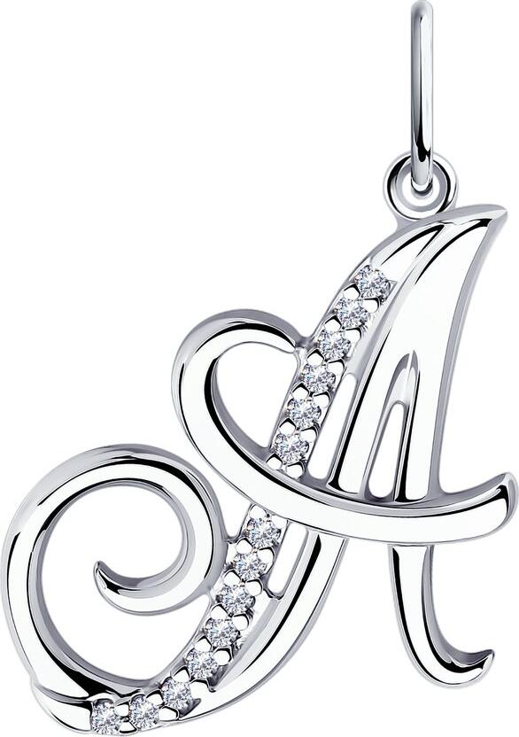 Pandantiv Diamant literă A pentru femei 94-130-01377-1, Argint 925 cu Zirconiu Cubic rotund incolor, 28x17x4 mm, 1.68 g