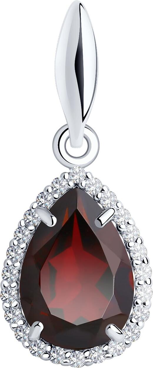 SOKOLOV 92030323 Women's Pendant, 925 Sterling Silver Rhodium Plated, Pear-Shaped Garnet with Round Colorless Cubic Zirconia, 1.25g