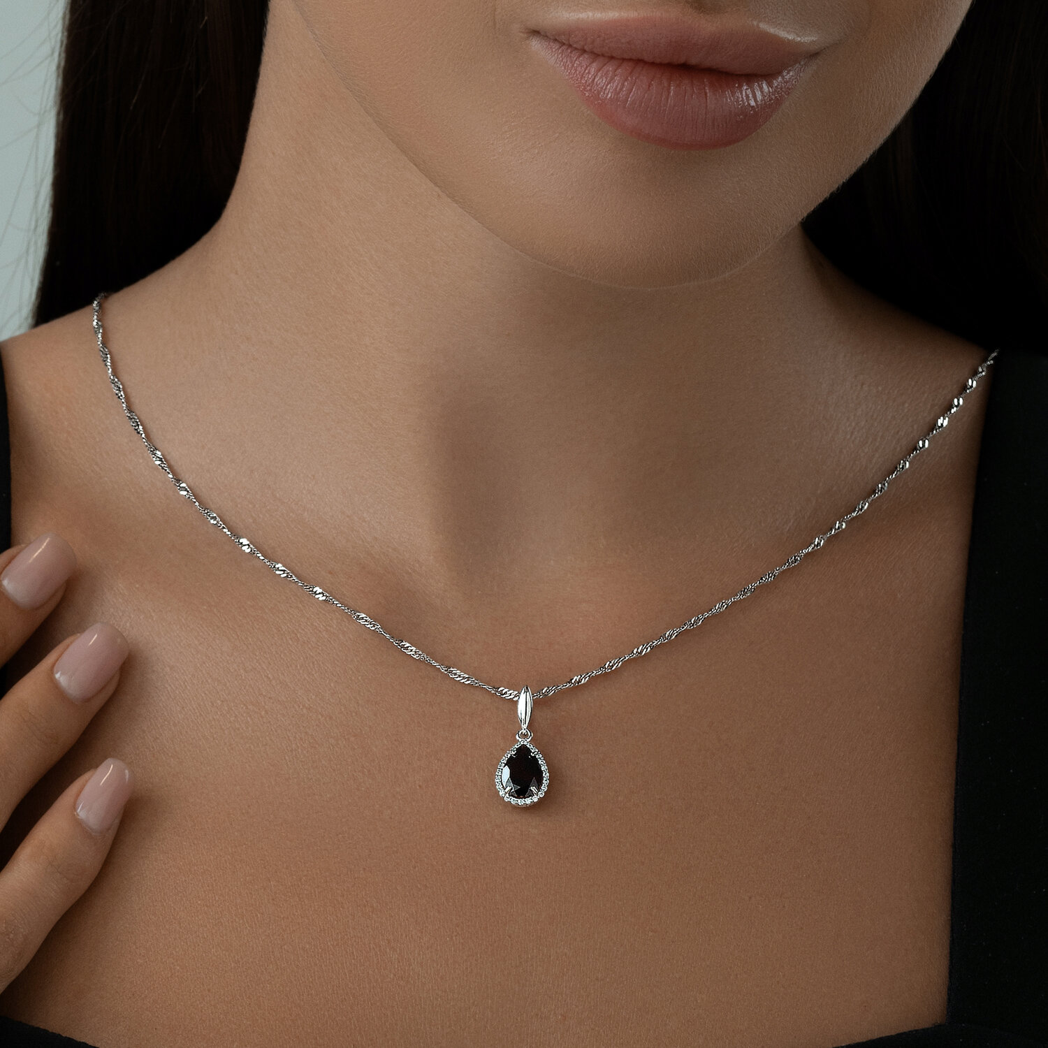SOKOLOV 92030323 Women's Pendant, 925 Sterling Silver Rhodium Plated, Pear-Shaped Garnet with Round Colorless Cubic Zirconia, 1.25g