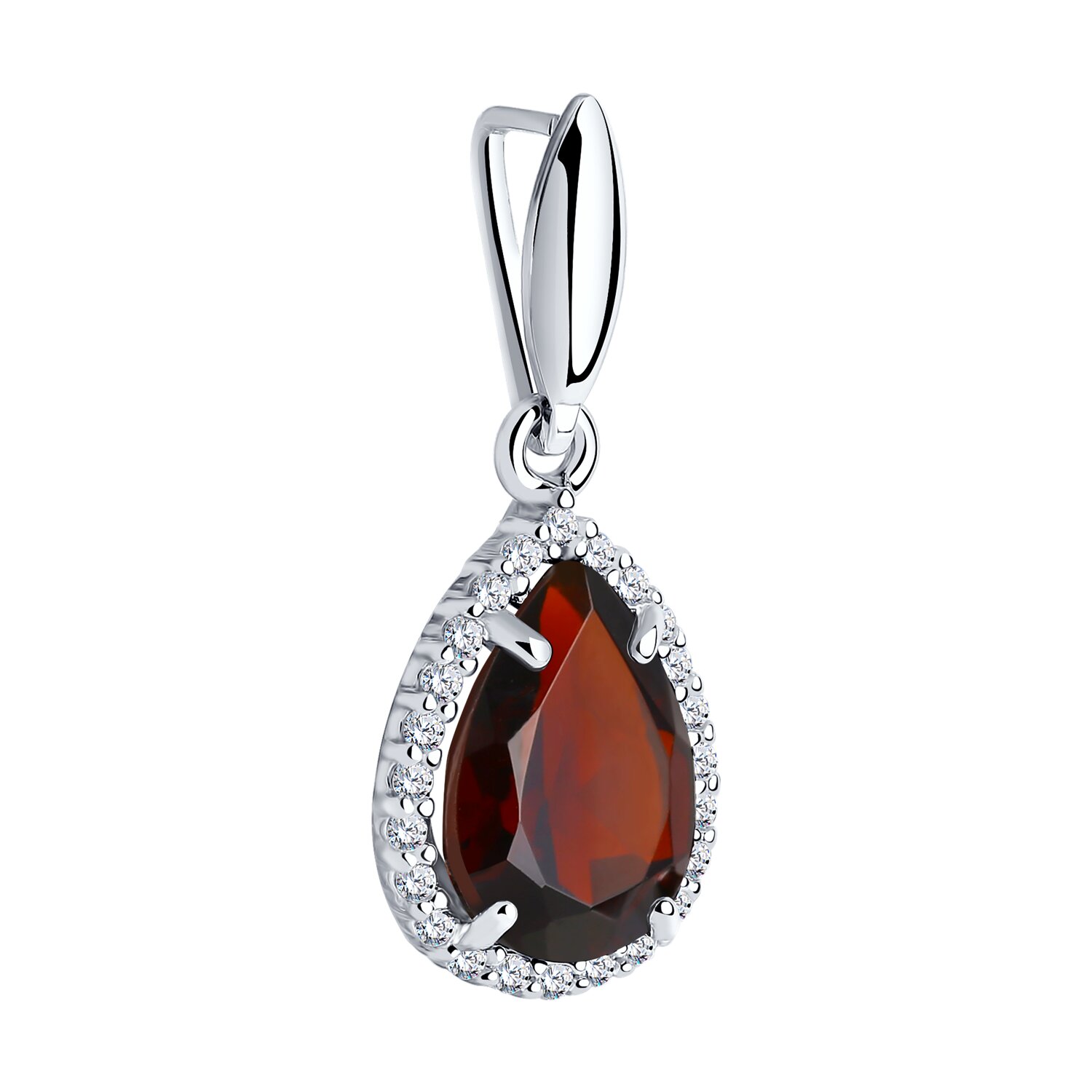 SOKOLOV 92030323 Women's Pendant, 925 Sterling Silver Rhodium Plated, Pear-Shaped Garnet with Round Colorless Cubic Zirconia, 1.25g