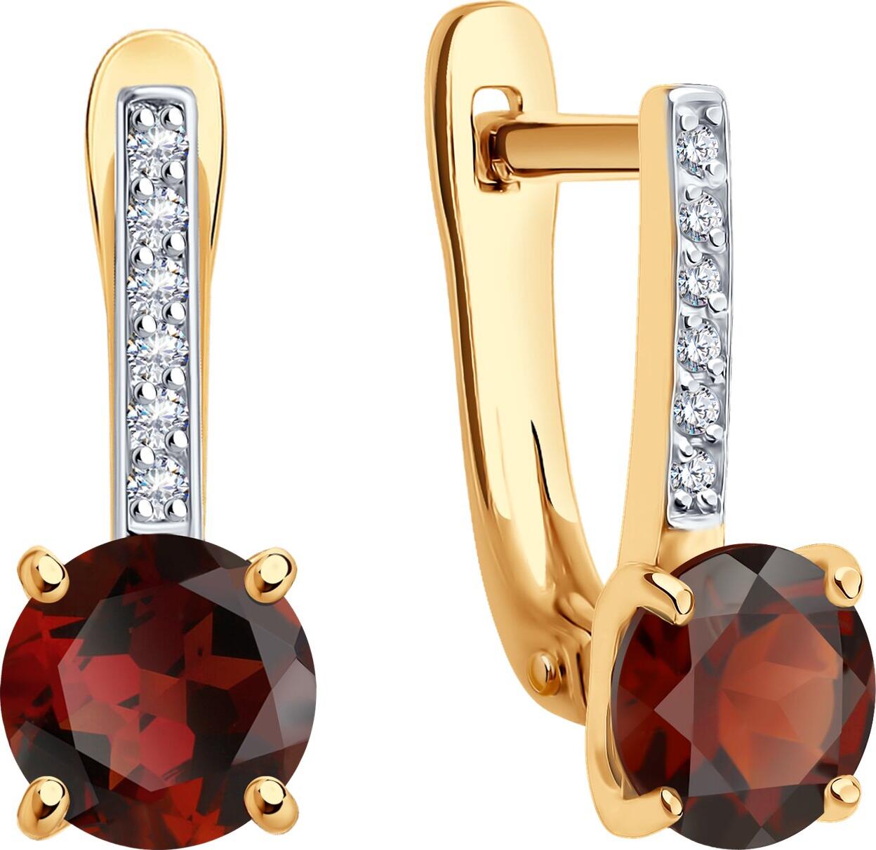 Cercei SOKOLOV 728085 pentru femei, Aur Roșu 585 cu Granat și Zirconiu Cubic, Placare cu Rodiu, Închidere Englezească, Pietre Rotunde, 16x6x4 mm