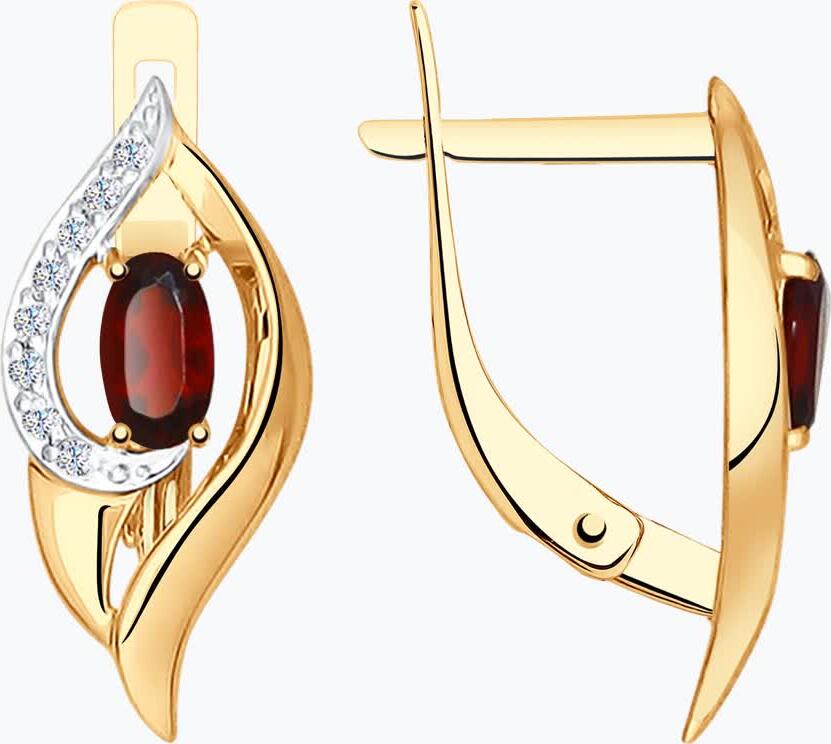 Cercei SOKOLOV 724786 pentru femei, Aur Roșu 585 cu Granat și Zirconiu Cubic, Placare cu Rodiu, Închidere Englezească, 2.06g, 0.144 ct