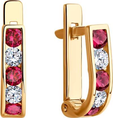 SOKOLOV 021871 Children's Earrings, 585 Red Gold, Ruby Corundum and Cubic Zirconia, Round 2.25mm Stones, English Lock, 1.36g