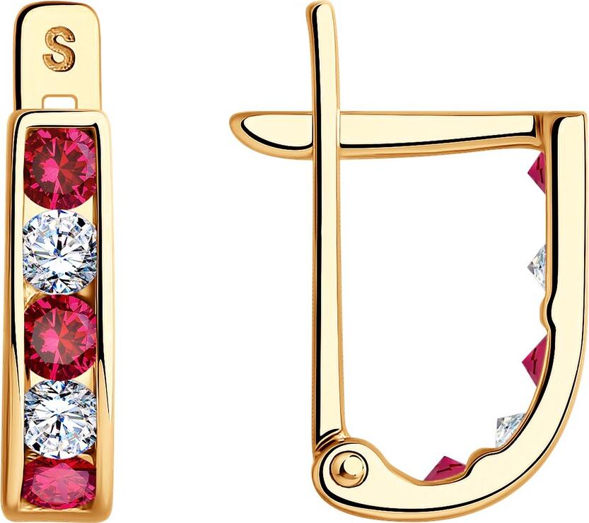 SOKOLOV 021871 Children's Earrings, 585 Red Gold, Ruby Corundum and Cubic Zirconia, Round 2.25mm Stones, English Lock, 1.36g