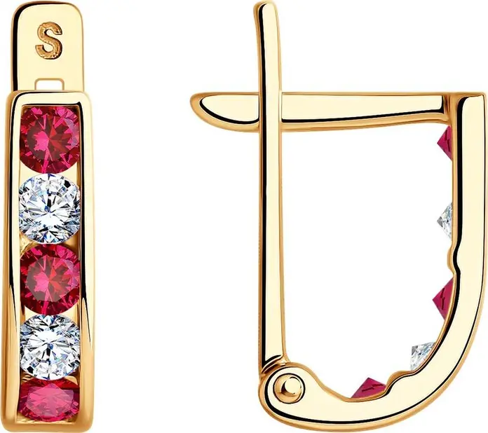 SOKOLOV 021871 Children's Earrings, 585 Red Gold, Ruby Corundum and Cubic Zirconia, Round 2.25mm Stones, English Lock, 1.36g