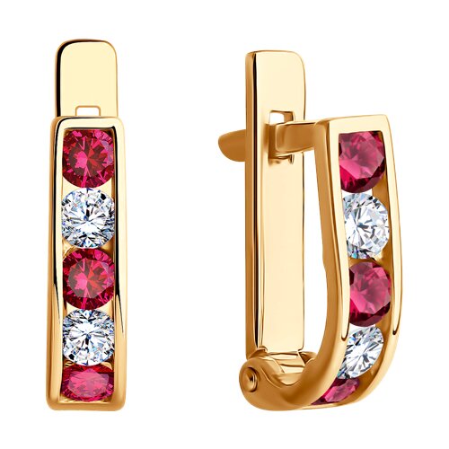 SOKOLOV 021871 Children's Earrings, 585 Red Gold, Ruby Corundum and Cubic Zirconia, Round 2.25mm Stones, English Lock, 1.36g