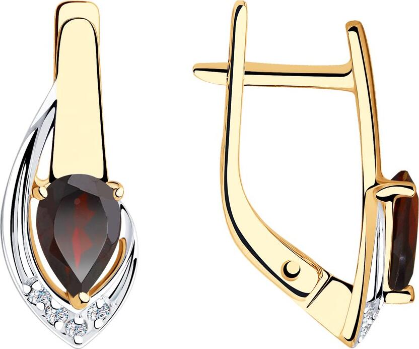 SOKOLOV 37725924 Women's Earrings, 375 Red Gold with Garnet and Cubic Zirconia, English Lock, Rhodium Coating, Round Shape, 2g