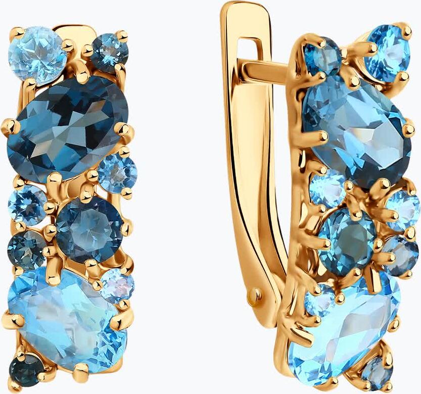 SOKOLOV 724260 Women's Earrings, 585 Red Gold, Blue Topaz and Cubic Zirconia, Round Cut, English Clasp, 2.96g