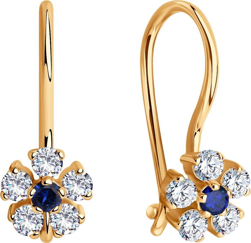 SOKOLOV 022680 Children's Earrings, 585 Red Gold, Blue Cubic Zirconia Flower Cluster, Round 2mm Stone, French Clasp