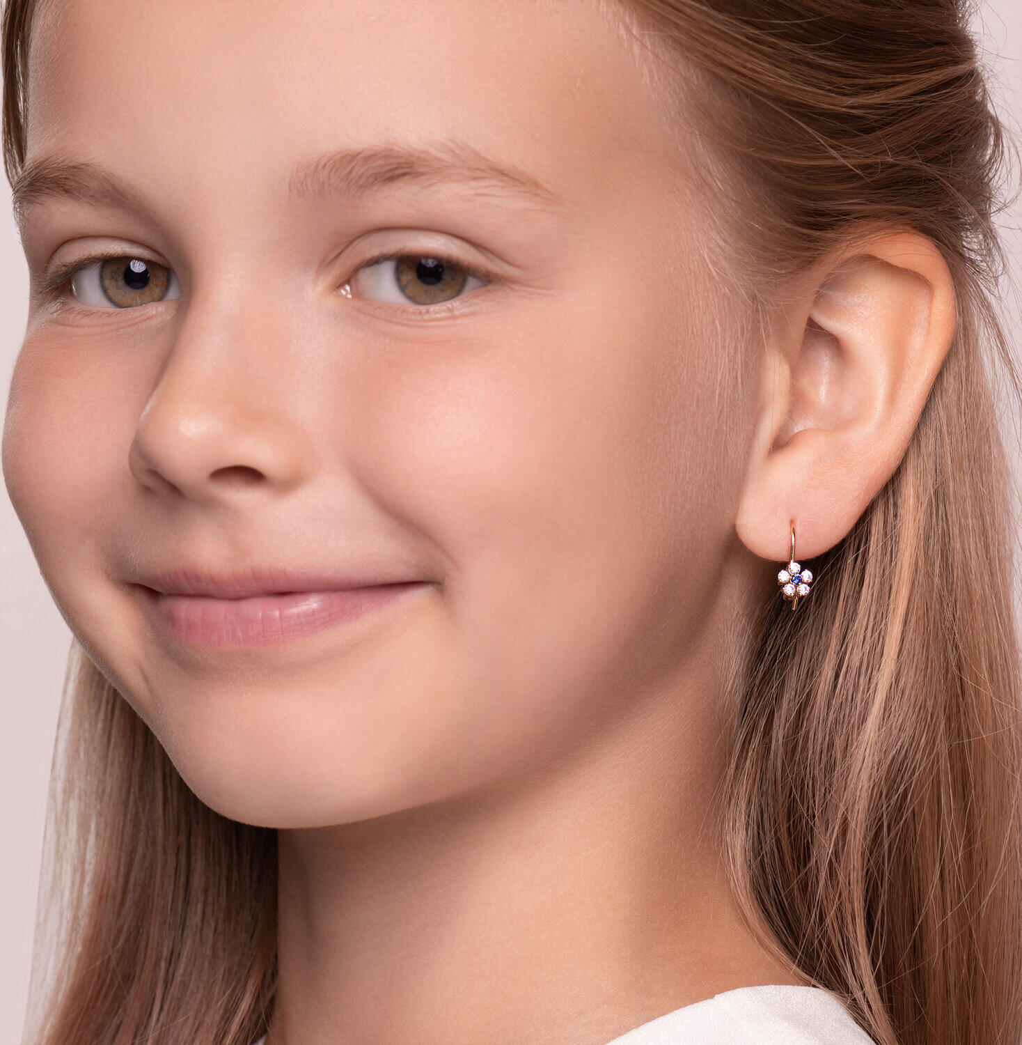 SOKOLOV 022680 Children's Earrings, 585 Red Gold, Blue Cubic Zirconia Flower Cluster, Round 2mm Stone, French Clasp