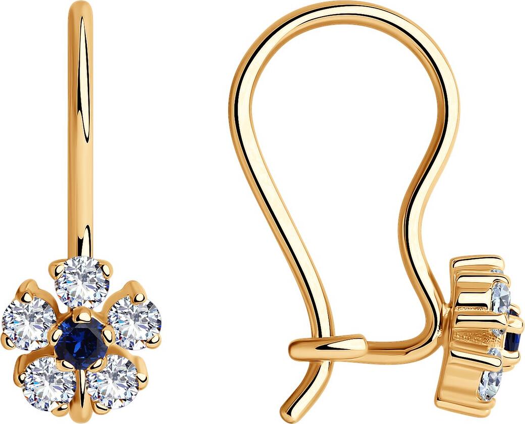 SOKOLOV 022680 Children's Earrings, 585 Red Gold, Blue Cubic Zirconia Flower Cluster, Round 2mm Stone, French Clasp