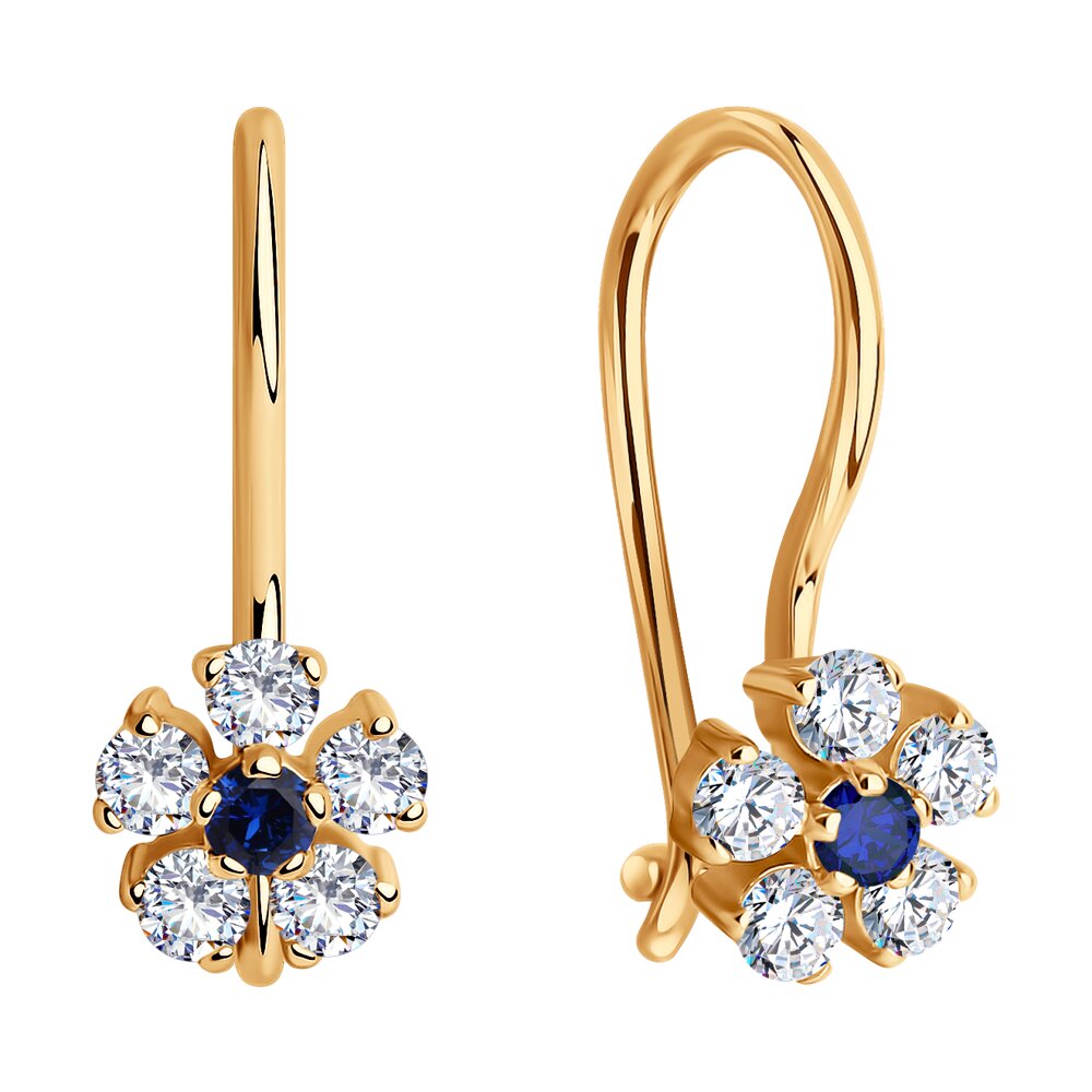 SOKOLOV 022680 Children's Earrings, 585 Red Gold, Blue Cubic Zirconia Flower Cluster, Round 2mm Stone, French Clasp