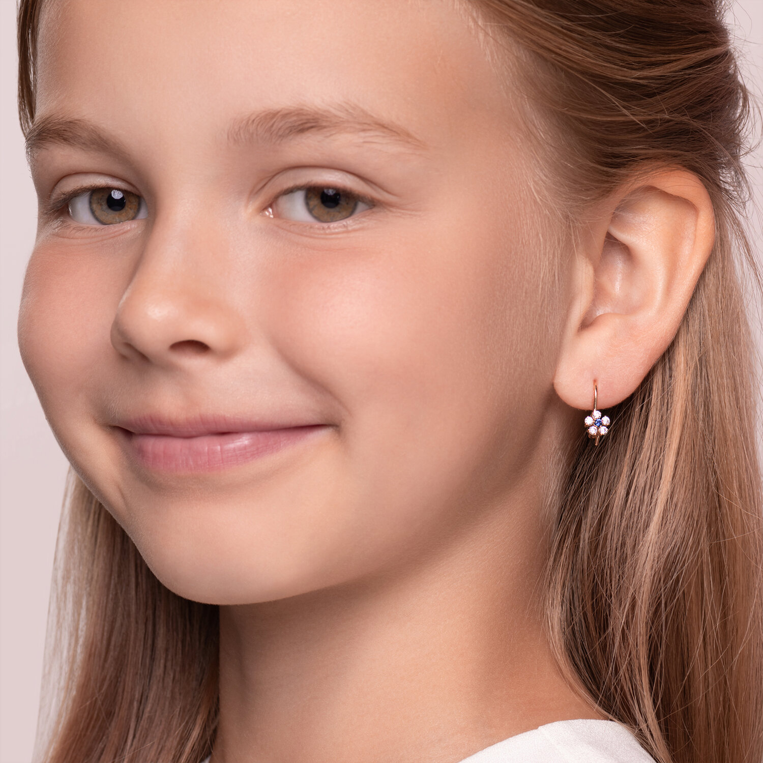 SOKOLOV 022680 Children's Earrings, 585 Red Gold, Blue Cubic Zirconia Flower Cluster, Round 2mm Stone, French Clasp