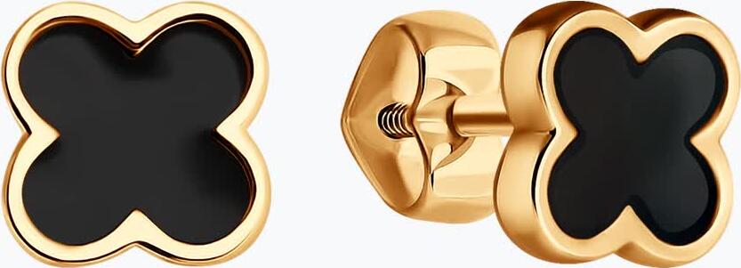 Diamant Women's Red Gold 585 Earrings with Black Enamel, Quatrefoil Four-Leaf Clover Shape, Stud Poussette Lock, 7x7x2 mm, 1.44g - 51-122-02452-1