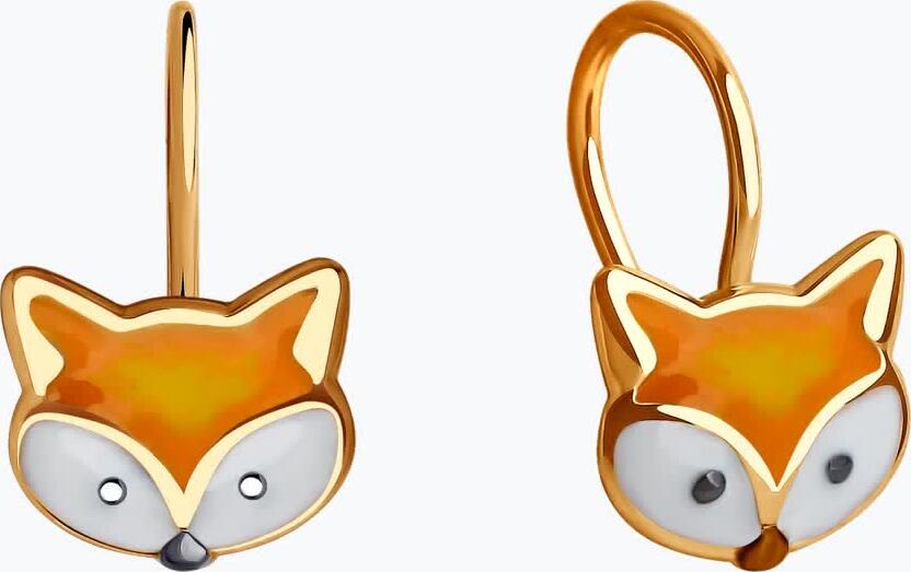 SOKOLOV 0200083 Children's Earrings, Red Gold 585, Fox Head Shape with Enamel and Rhodium Coating, French Lock, 0.83g