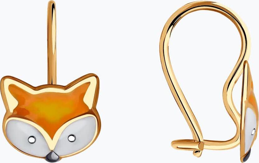 SOKOLOV 0200083 Children's Earrings, Red Gold 585, Fox Head Shape with Enamel and Rhodium Coating, French Lock, 0.83g