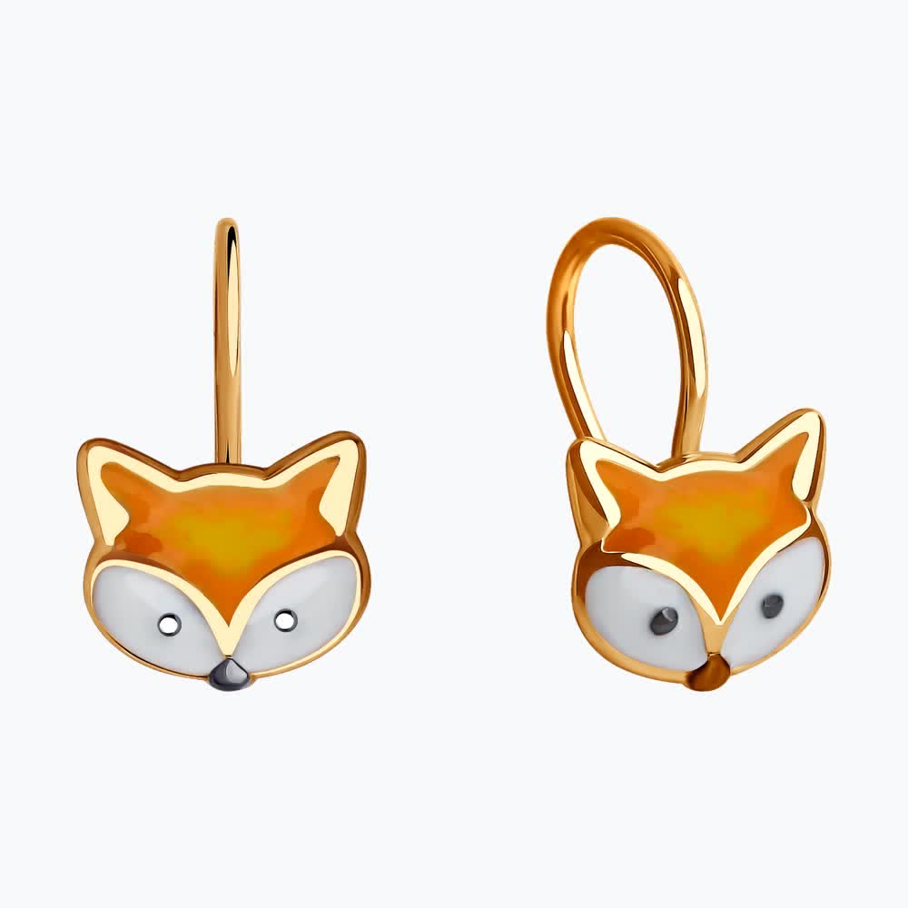 SOKOLOV 0200083 Children's Earrings, Red Gold 585, Fox Head Shape with Enamel and Rhodium Coating, French Lock, 0.83g