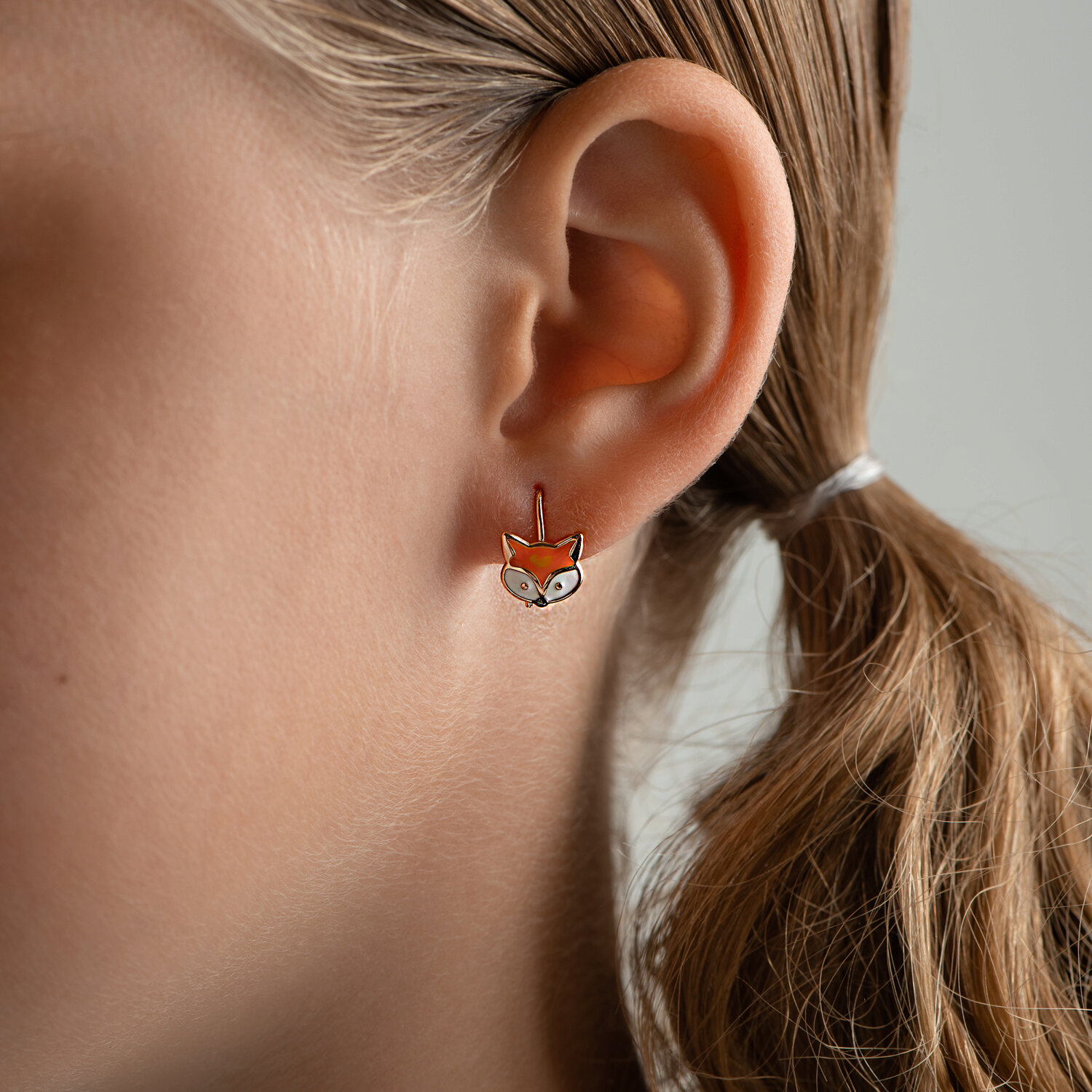 SOKOLOV 0200083 Children's Earrings, Red Gold 585, Fox Head Shape with Enamel and Rhodium Coating, French Lock, 0.83g