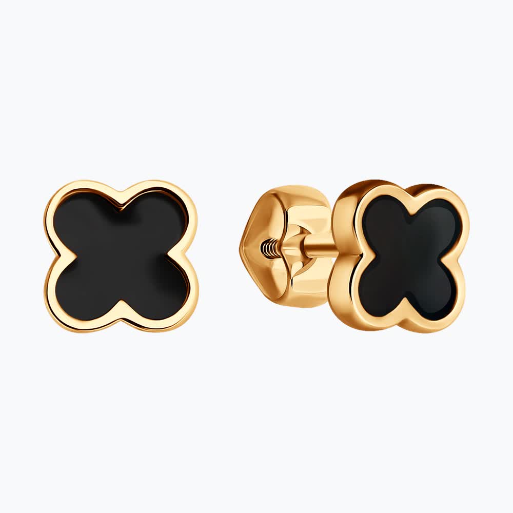 Diamant Women's Red Gold 585 Earrings with Black Enamel, Quatrefoil Four-Leaf Clover Shape, Stud Poussette Lock, 7x7x2 mm, 1.44g - 51-122-02452-1