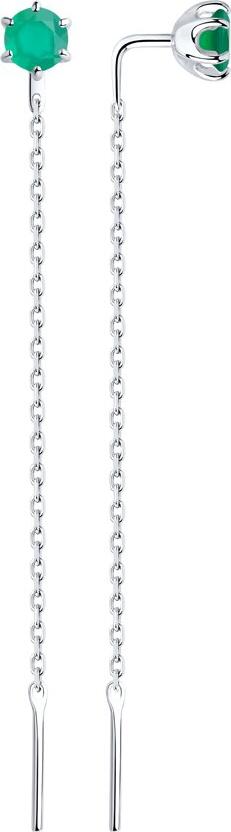 SOKOLOV 92022464 Women's Threader Earrings, 925 Sterling Silver with Green Round Agate, 60mm Length