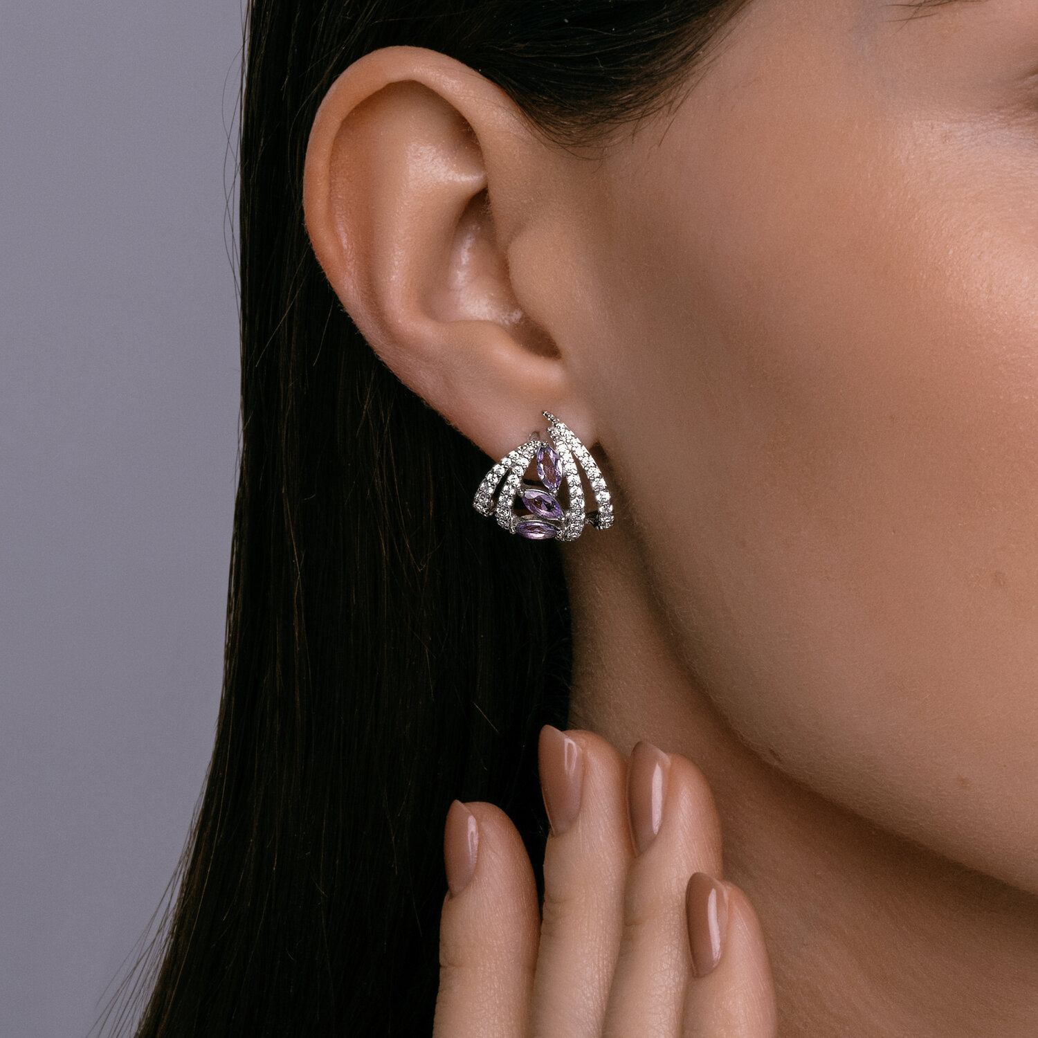 SOKOLOV 92023054 Women's Earrings, 925 Rhodium-Plated Silver, Amethyst and Round Cubic Zirconia, English Lock, 5.42g