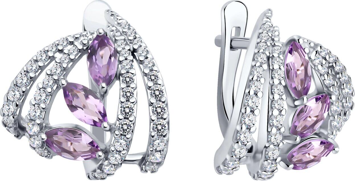 SOKOLOV 92023054 Women's Earrings, 925 Rhodium-Plated Silver, Amethyst and Round Cubic Zirconia, English Lock, 5.42g