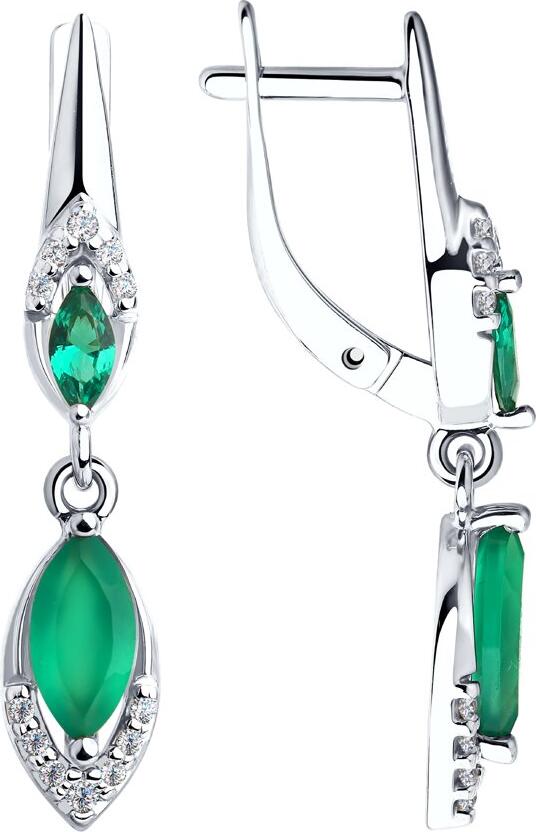 SOKOLOV 92022031 Women's Earrings, 925 Sterling Silver Rhodium Plated, Green Agate and Cubic Zirconia Marquise Stones, English Lock, 31mm Length