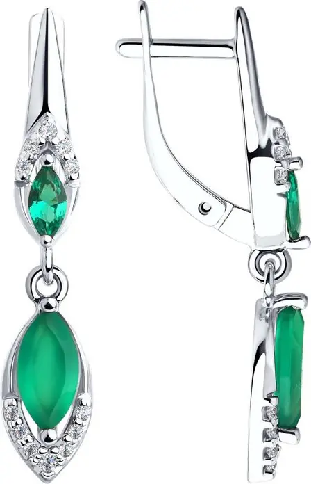 SOKOLOV 92022031 Women's Earrings, 925 Sterling Silver Rhodium Plated, Green Agate and Cubic Zirconia Marquise Stones, English Lock, 31mm Length