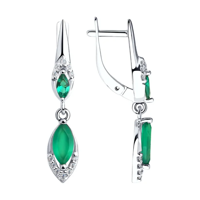 SOKOLOV 92022031 Women's Earrings, 925 Sterling Silver Rhodium Plated, Green Agate and Cubic Zirconia Marquise Stones, English Lock, 31mm Length