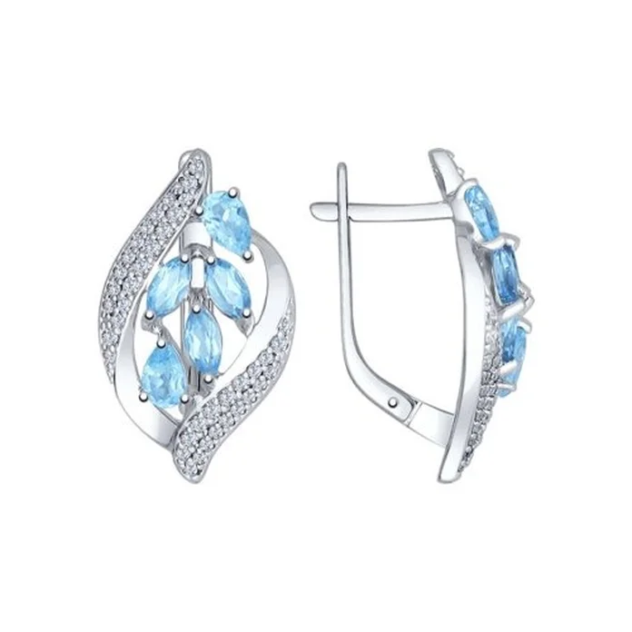 Cercei SOKOLOV 92021509 pentru femei, Argint 925, Topaz Albastru și Zirconiu Cubic, Închizătoare Englezească, 4.80g