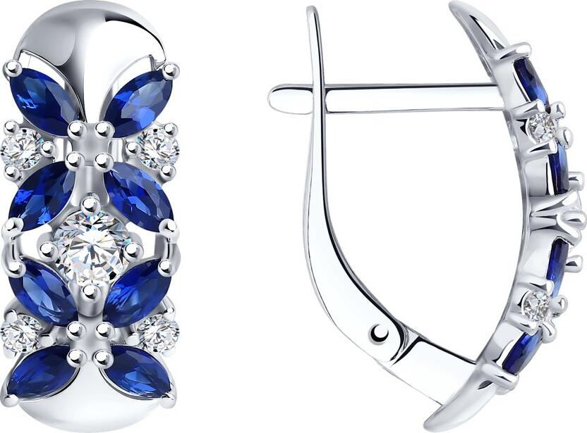 SOKOLOV 88020030 Women's Earrings, 925 Sterling Silver, Blue Hydrothermal Sapphire and Colorless Cubic Zirconia, English Lock, Round Shape, 3.17g