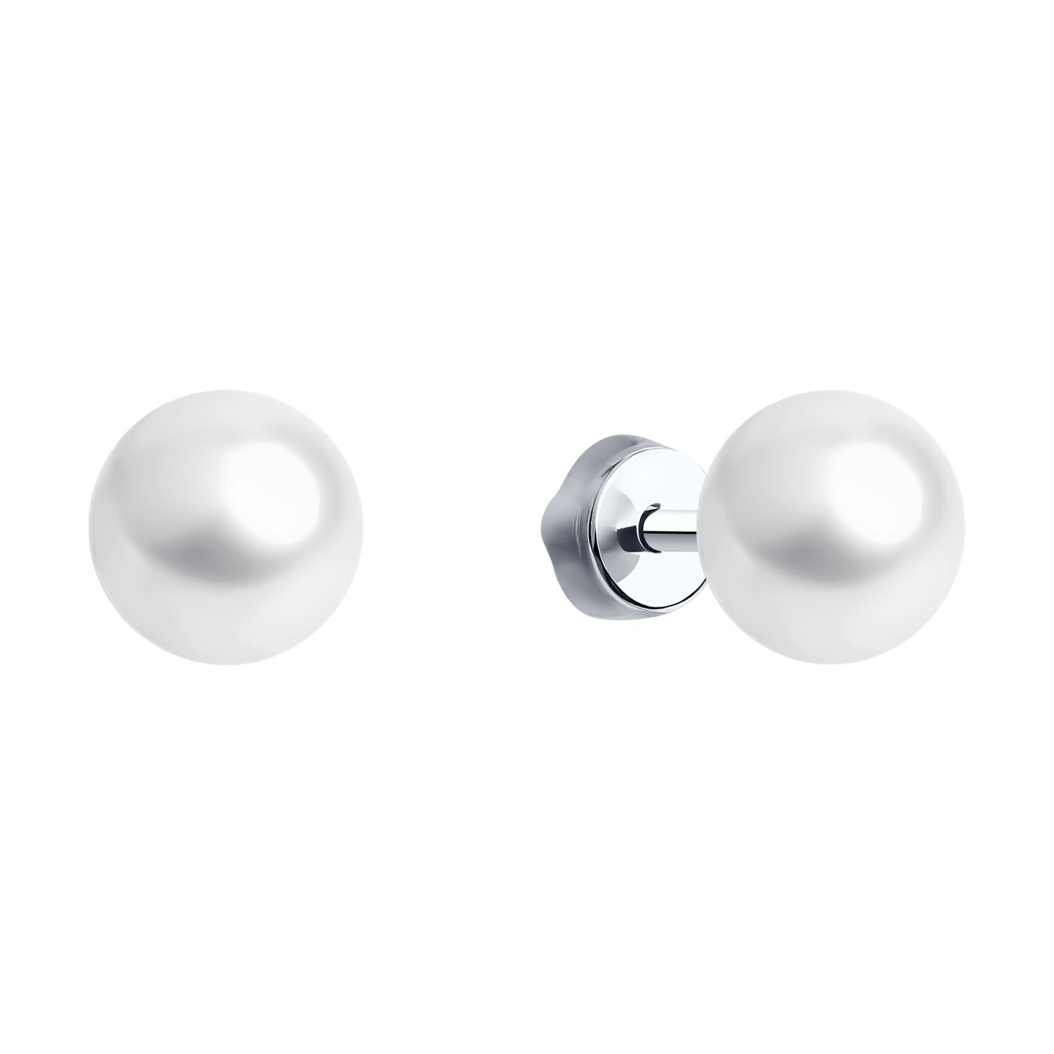 SOKOLOV 92023123 Women's Stud Earrings, 925 Rhodium-Plated Silver, Natural White Round Pearl 8mm