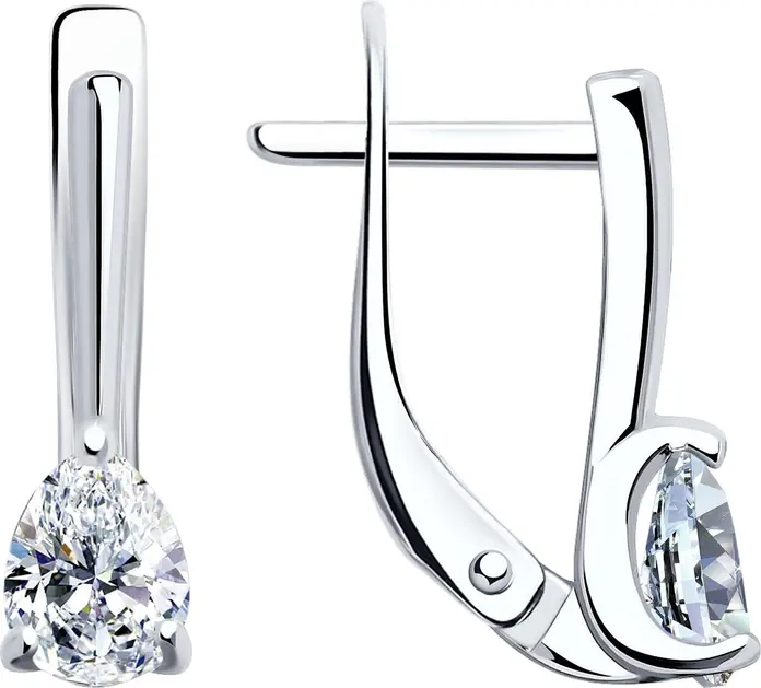 SOKOLOV 94025943 Women's Earrings, 925 Sterling Silver Rhodium Plated, Pear-shaped Colorless Crystal 0.765 ct, English Lock, 17x5x4 mm