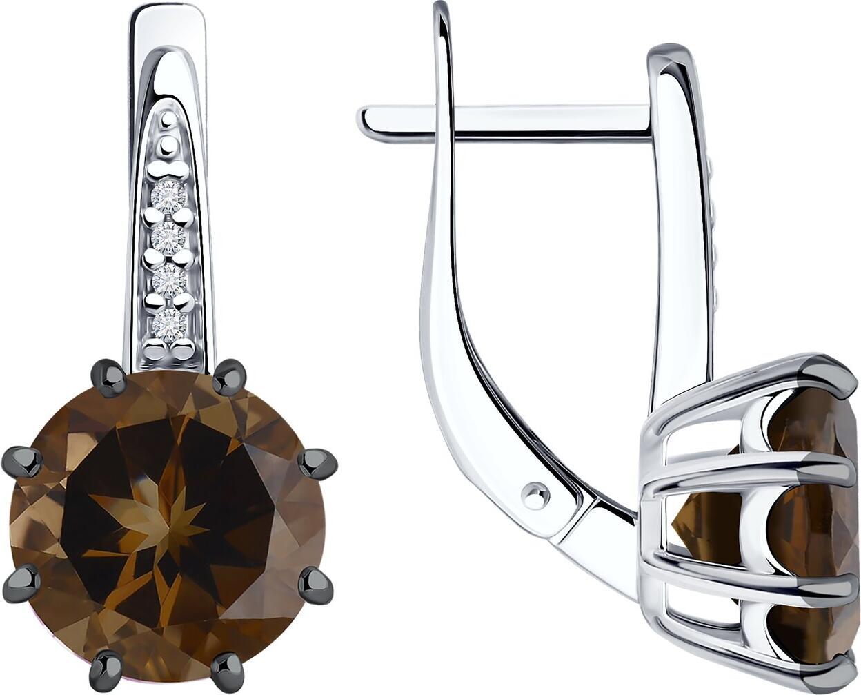 Серьги Diamant 94-320-02040-3 для женщин, серебро 925 с родиевым покрытием, дымчатый кварц и фианит, круглая форма, английский замок, 20 мм, 3.4 г