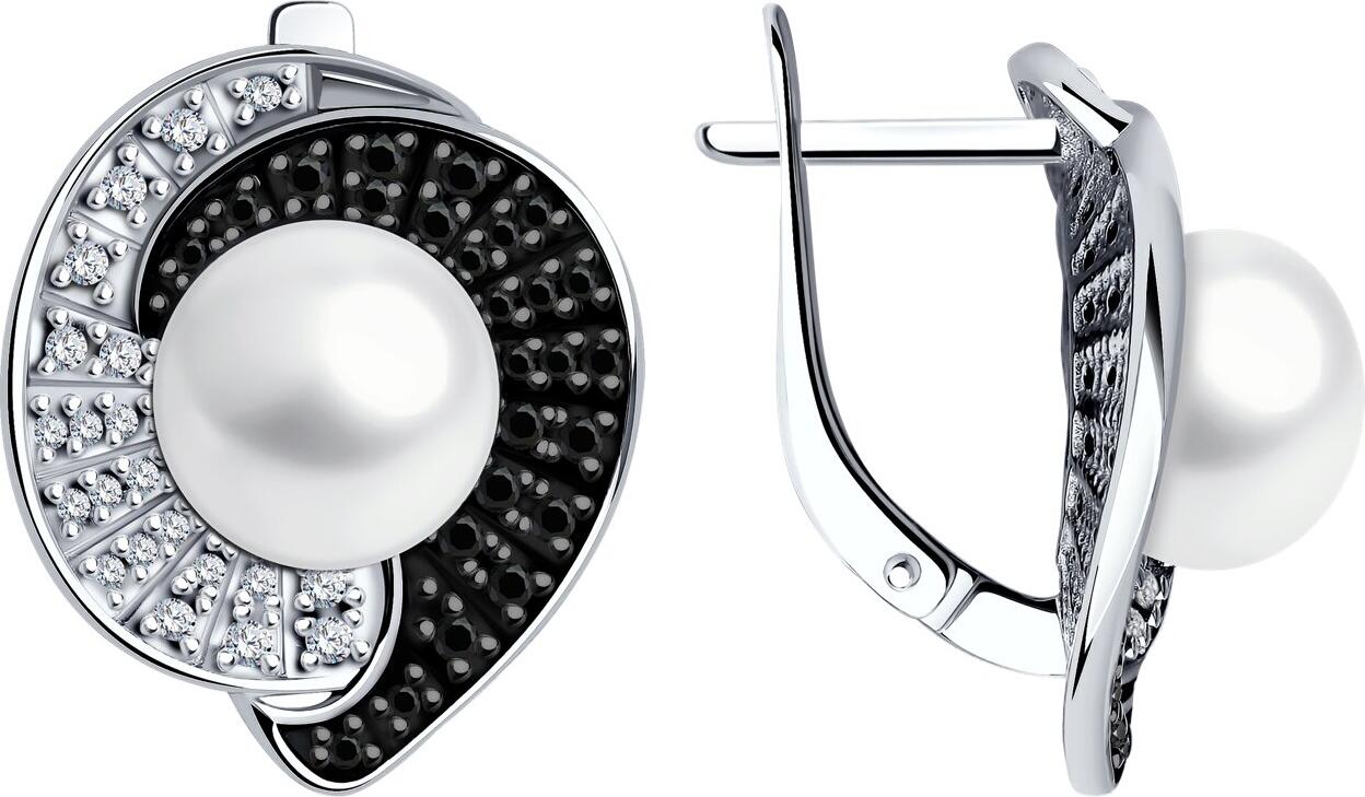 Cercei Sokolov 94-320-01965-1, Argint 925 placat cu Rodiu, Perla de apă dulce albă, Spinel natural negru, Zirconiu Cubic, Închidere English lock, 7.3g