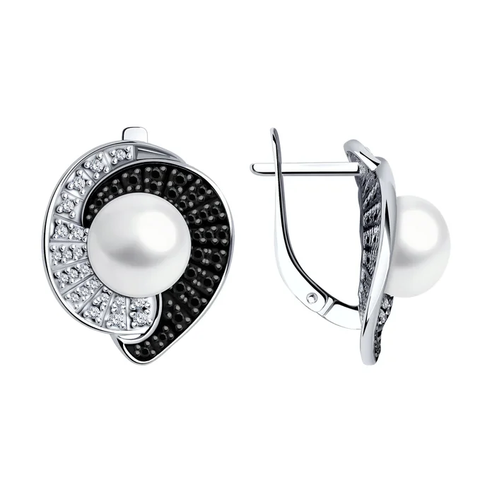 Cercei Sokolov 94-320-01965-1, Argint 925 placat cu Rodiu, Perla de apă dulce albă, Spinel natural negru, Zirconiu Cubic, Închidere English lock, 7.3g