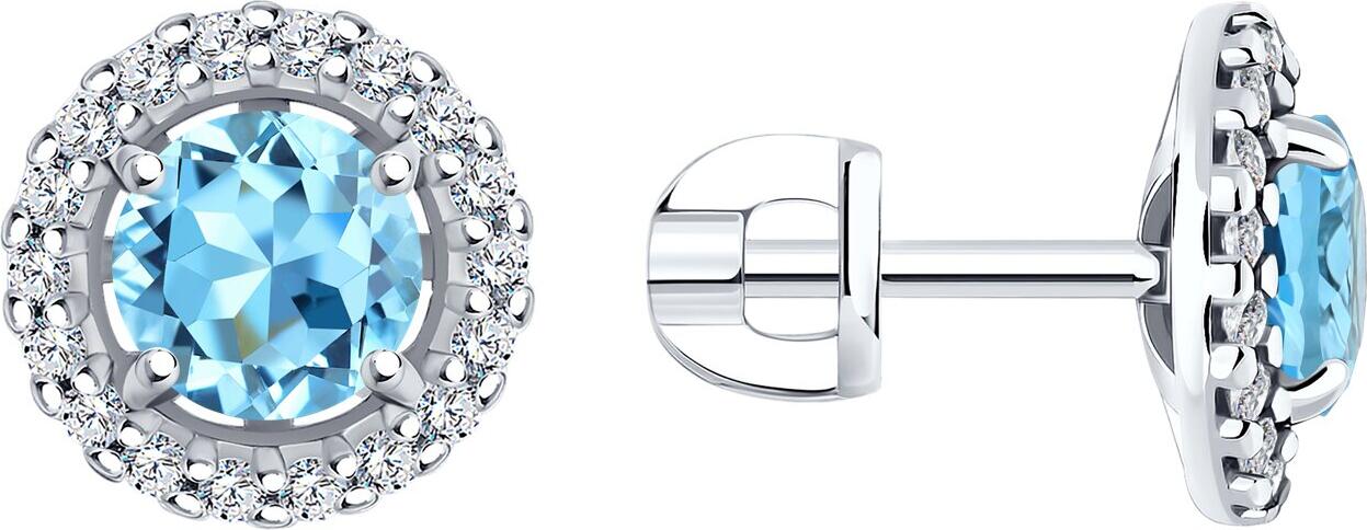 SOKOLOV 92022807 Women's Stud Earrings, 925 Sterling Silver Rhodium Plated, Swiss Blue Topaz and Cubic Zirconia, 10x10x5 mm