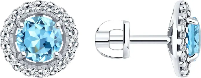 SOKOLOV 92022807 Women's Stud Earrings, 925 Sterling Silver Rhodium Plated, Swiss Blue Topaz and Cubic Zirconia, 10x10x5 mm