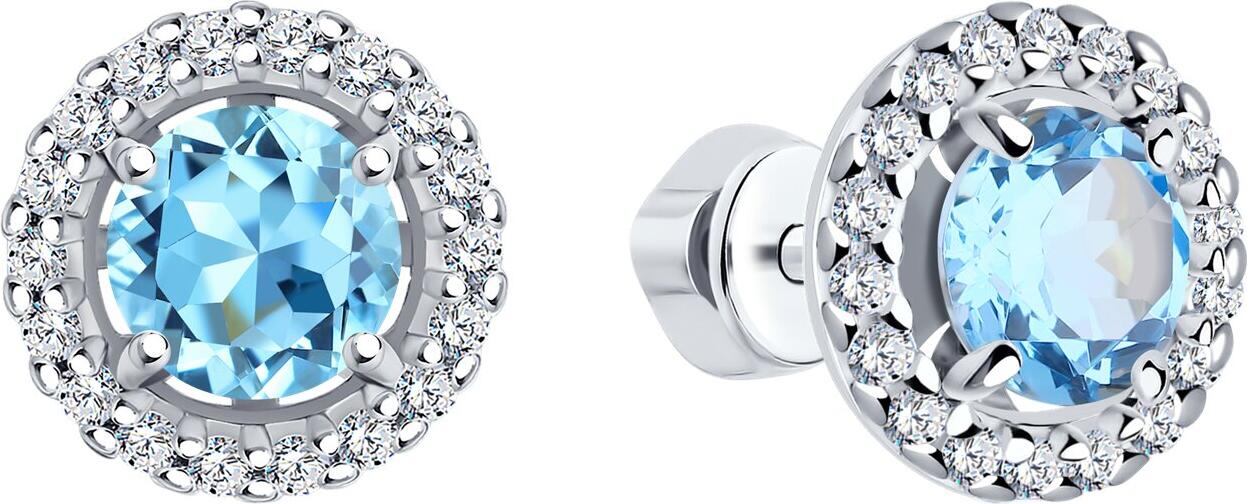 SOKOLOV 92022807 Women's Stud Earrings, 925 Sterling Silver Rhodium Plated, Swiss Blue Topaz and Cubic Zirconia, 10x10x5 mm