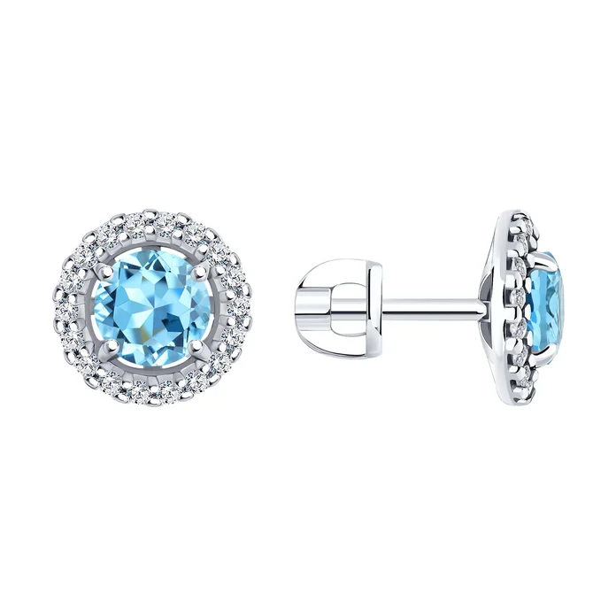 SOKOLOV 92022807 Women's Stud Earrings, 925 Sterling Silver Rhodium Plated, Swiss Blue Topaz and Cubic Zirconia, 10x10x5 mm