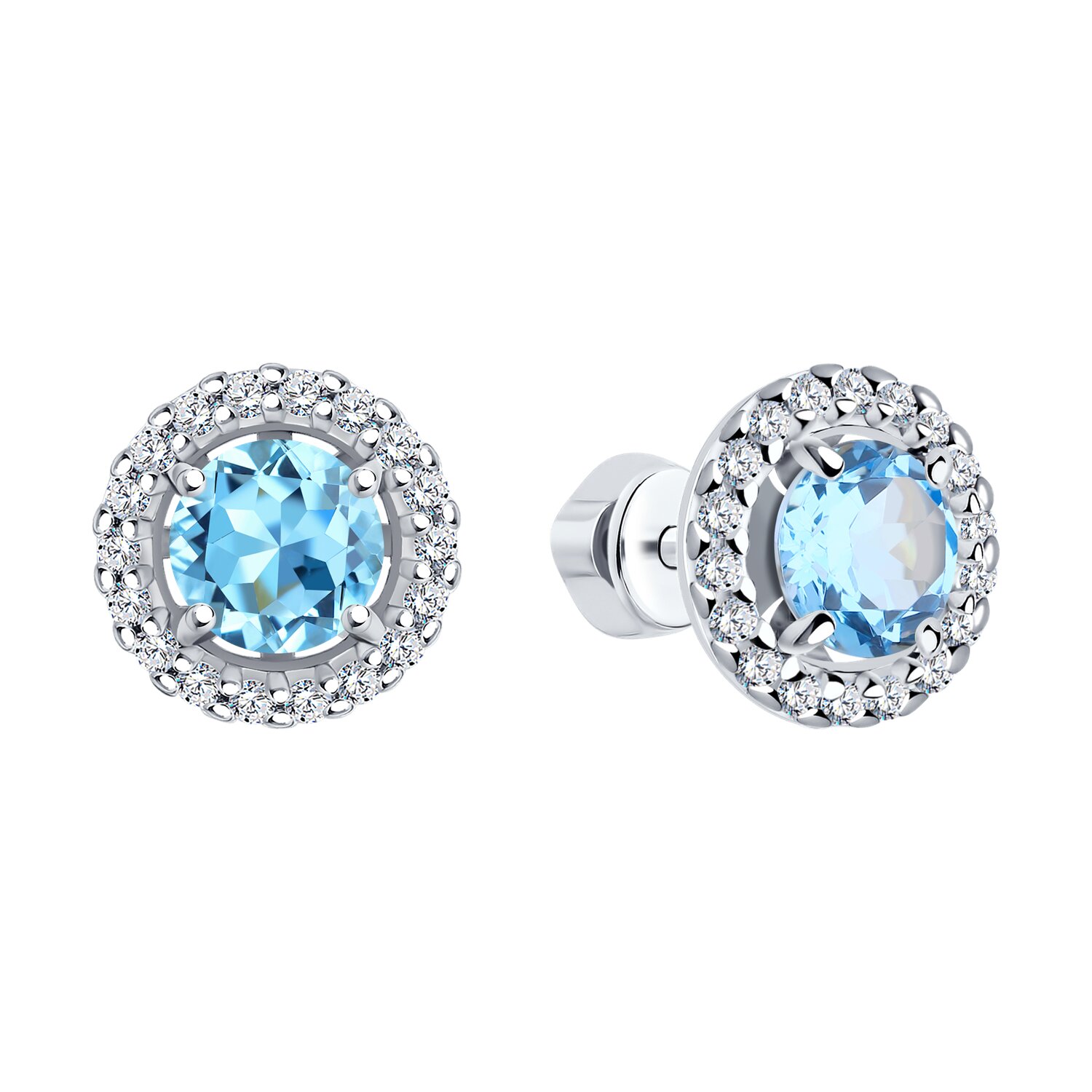 SOKOLOV 92022807 Women's Stud Earrings, 925 Sterling Silver Rhodium Plated, Swiss Blue Topaz and Cubic Zirconia, 10x10x5 mm